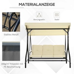 Puutarhan kolmipaikkainen keinusohva aurinkokatoksella, teräsrunko, beige/musta