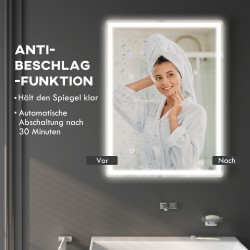 LED-kylpyhuonepeili huurteenestolla, himmennettävä valo, 60 x 80 cm, valkoinen/hopea