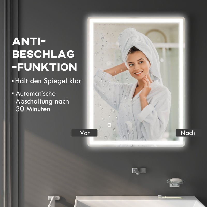 LED-kylpyhuonepeili huurteenestolla, himmennettävä valo, 60 x 80 cm, valkoinen/hopea
