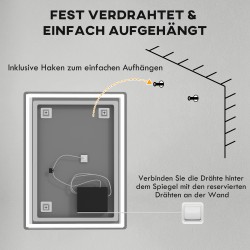 LED-kylpyhuonepeili huurteenestolla, himmennettävä valo, 60 x 80 cm, valkoinen/hopea