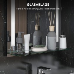 LED-kylpyhuoneen peili lasihyllyllä, karkaistu lasi/alumiini, 50 x 12 x 70 cm, hopea