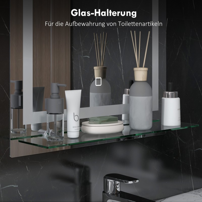 LED-kylpyhuoneen peili hyllyllä, himmennettävä, sumunesto, kosketuskytkin, 50 x 70 cm, hopea