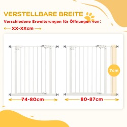 Lemmikkien turvaportti koirille, metalli ja muovi, 74–87 cm, valkoinen