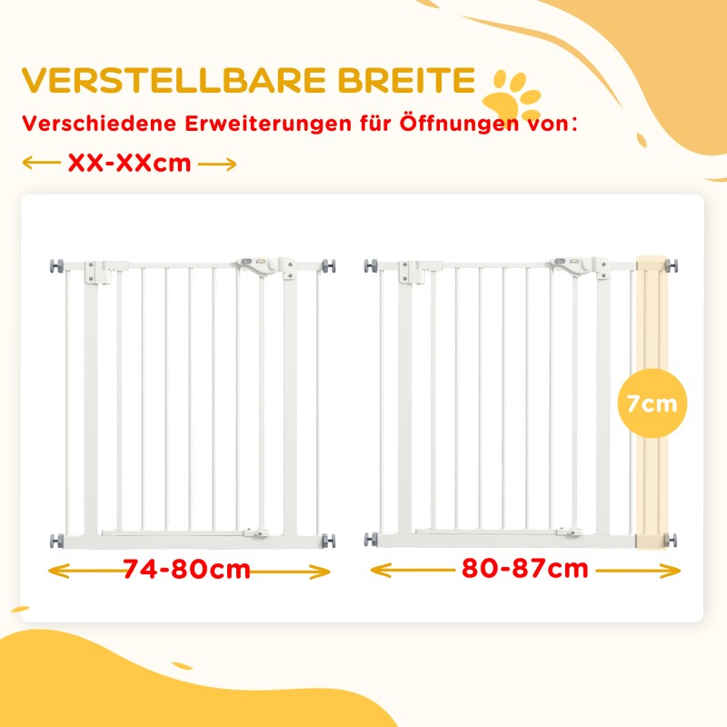 Lemmikkien turvaportti koirille, metalli ja muovi, 74–87 cm, valkoinen