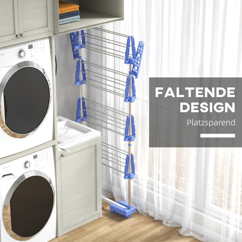 Pyykinkuivausteline 5 tasoa, ruostumaton teräs, taittuva, pyörillä, 142 x 55 x 172 cm, sininen/hopea