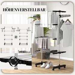 Pyykkiteline 5 tasoa, ruostumaton teräs, taitettava, pyörillä, 142 x 55 x 172 cm, musta/hopea