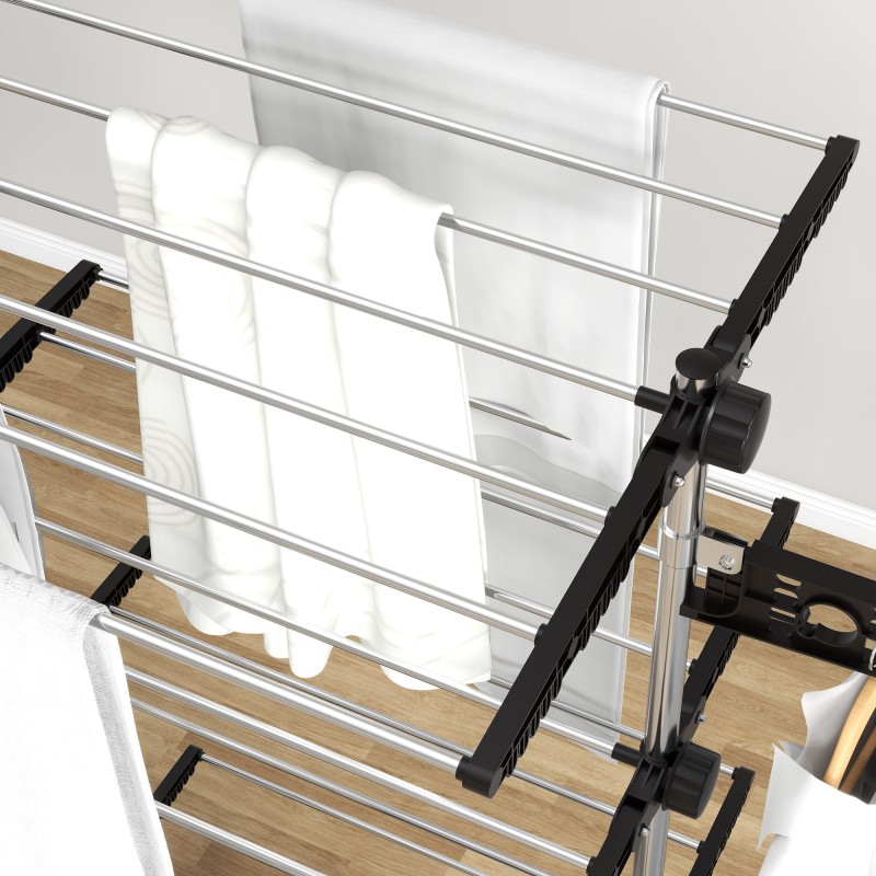 Pyykkiteline 5 tasoa, ruostumaton teräs, taitettava, pyörillä, 142 x 55 x 172 cm, musta/hopea