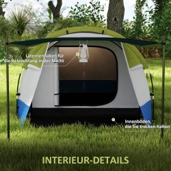 Retkiteltta 3 hengelle, tunnelimalli, 2 tilaa, 3 sisäänkäyntiä, vedenpitävä, vihreä