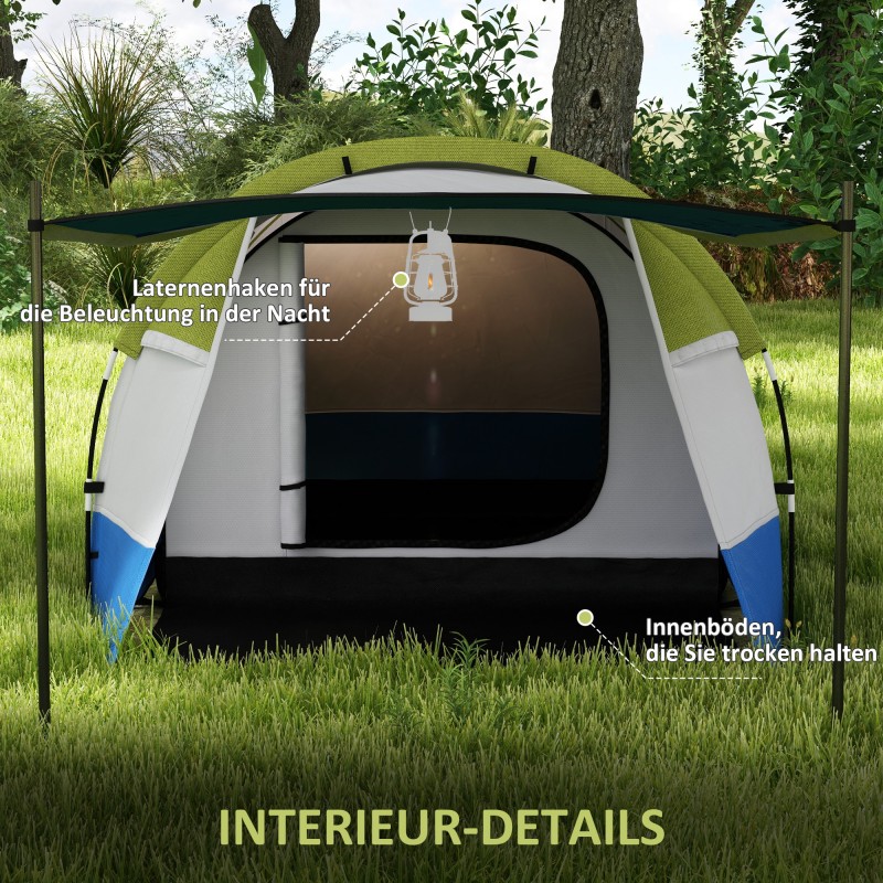 Retkiteltta 3 hengelle, tunnelimalli, 2 tilaa, 3 sisäänkäyntiä, vedenpitävä, vihreä