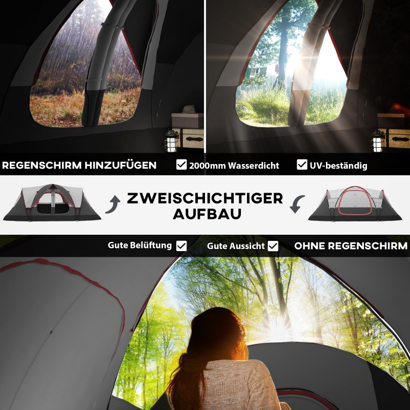 Perheteltta 6–8 hengelle, 2 huonetta, tunnelimalli, ommeltu pohja, sadesuoja 2000 mm, harmaa