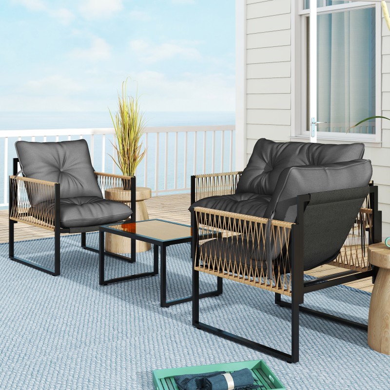 Terassikalustesetti ulkokäyttöön 4-osainen sohva 2 tuolia pöytä lasikannella polyrottinki metalli antrasiitti