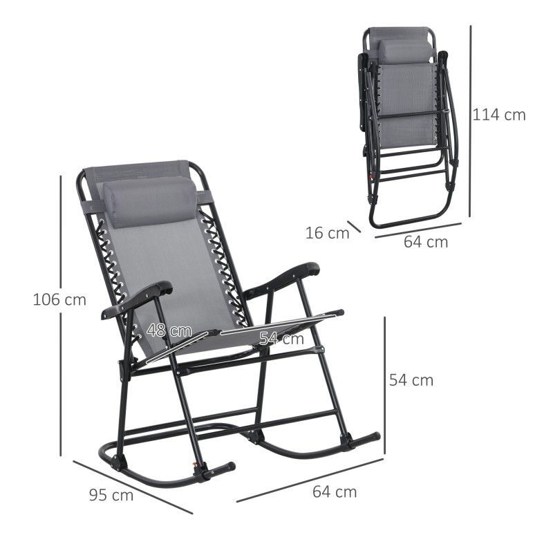 Ulkoiluun sopiva taitettava keinutuoli niskatyynyllä, teräsrunko, Texteline-kangas, 120 kg, vaaleanharmaa