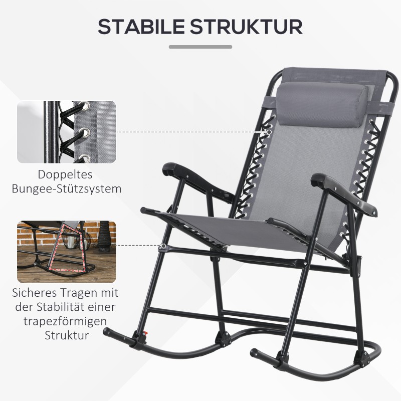 Ulkoiluun sopiva taitettava keinutuoli niskatyynyllä, teräsrunko, Texteline-kangas, 120 kg, vaaleanharmaa