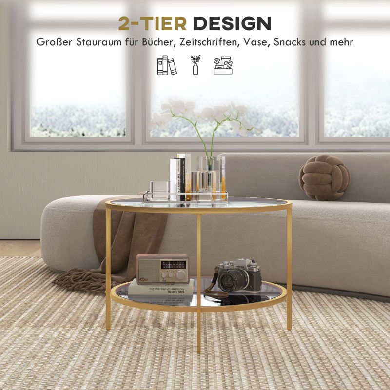 Sohvapöytä / sivupöytä, 2-tasoinen, karkaistu lasi ja teräs, Ø60 x 43 cm, kulta