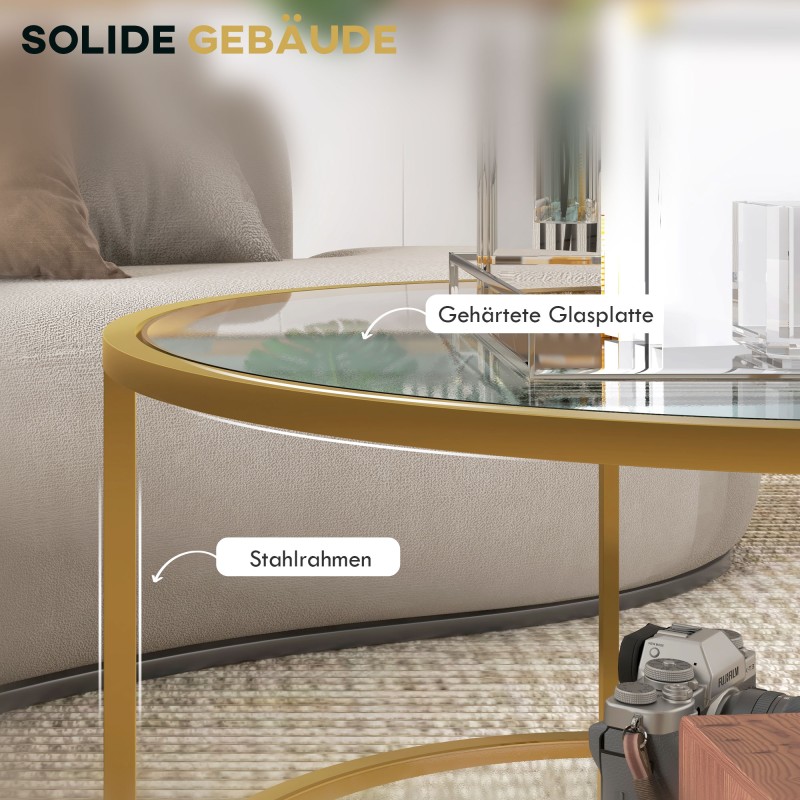 Sohvapöytä / sivupöytä, 2-tasoinen, karkaistu lasi ja teräs, Ø60 x 43 cm, kulta