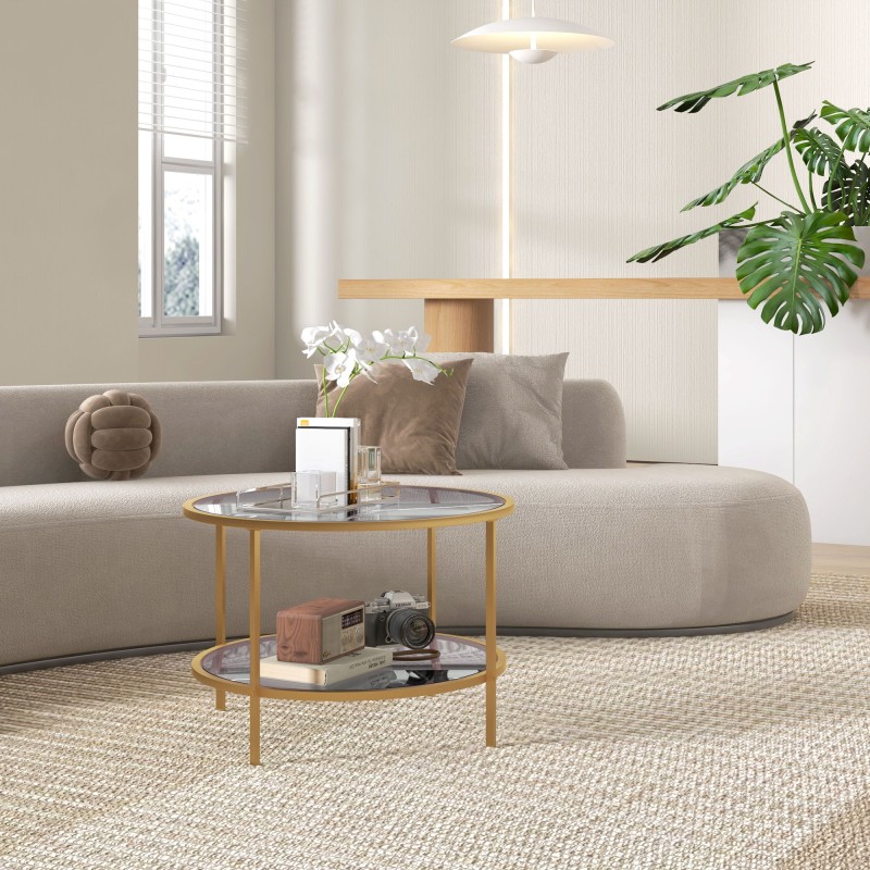 Sohvapöytä / sivupöytä, 2-tasoinen, karkaistu lasi ja teräs, Ø60 x 43 cm, kulta