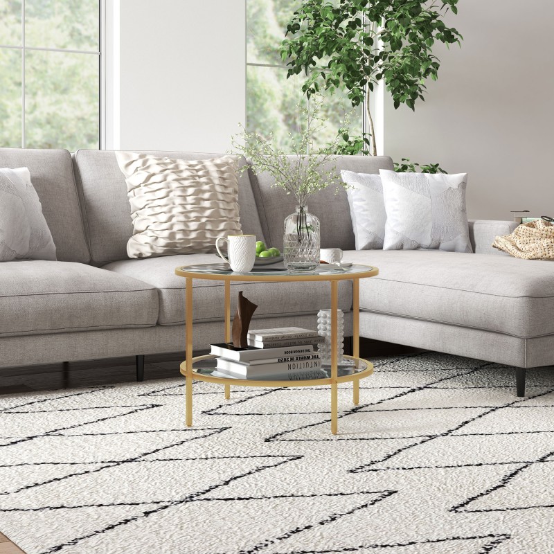 Sohvapöytä / sivupöytä, 2-tasoinen, karkaistu lasi ja teräs, Ø60 x 43 cm, kulta