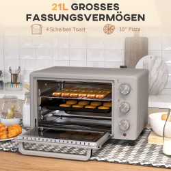 Pöytäuuni 21 l, 1400 W minibackofen, 3 kypsennystilaa, 100–230 °C, ruostumaton teräs, hopea