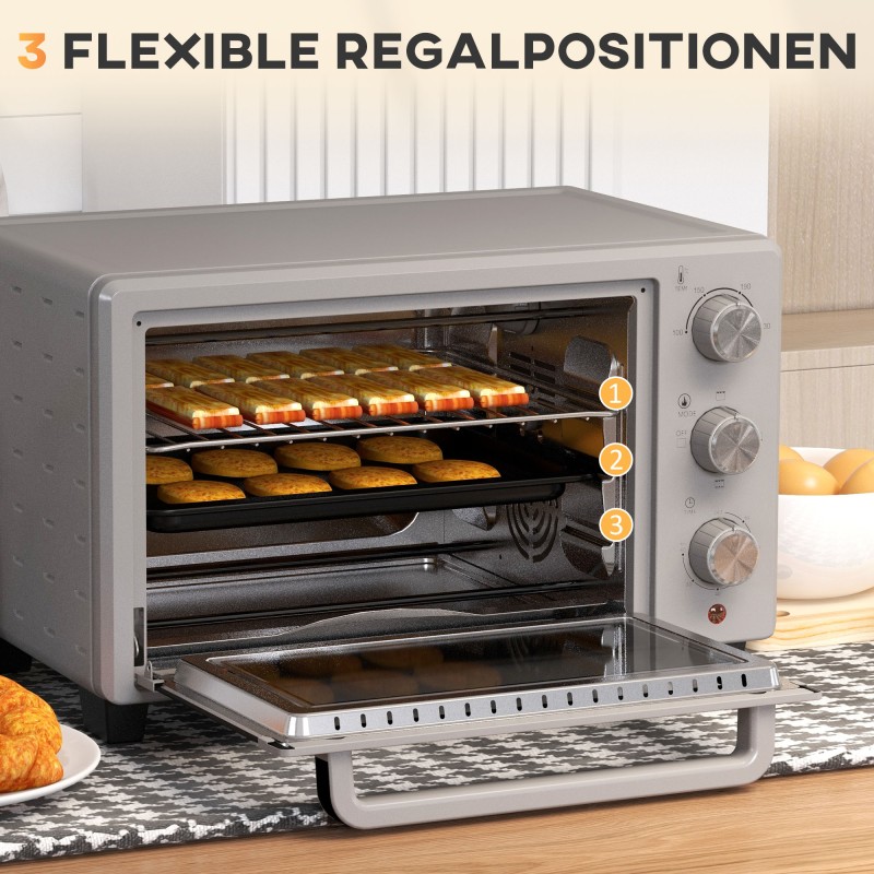 Pöytäuuni 21 l, 1400 W minibackofen, 3 kypsennystilaa, 100–230 °C, ruostumaton teräs, hopea