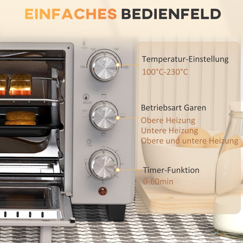 Pöytäuuni 21 l, 1400 W minibackofen, 3 kypsennystilaa, 100–230 °C, ruostumaton teräs, hopea