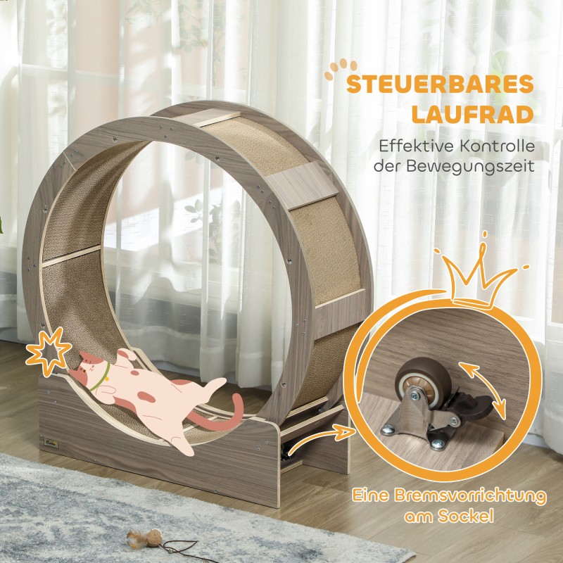 Kissan juoksupyörä sisätiloihin, raapimismatolla ja jarrulla, halkaisija 91 cm, pähkinä