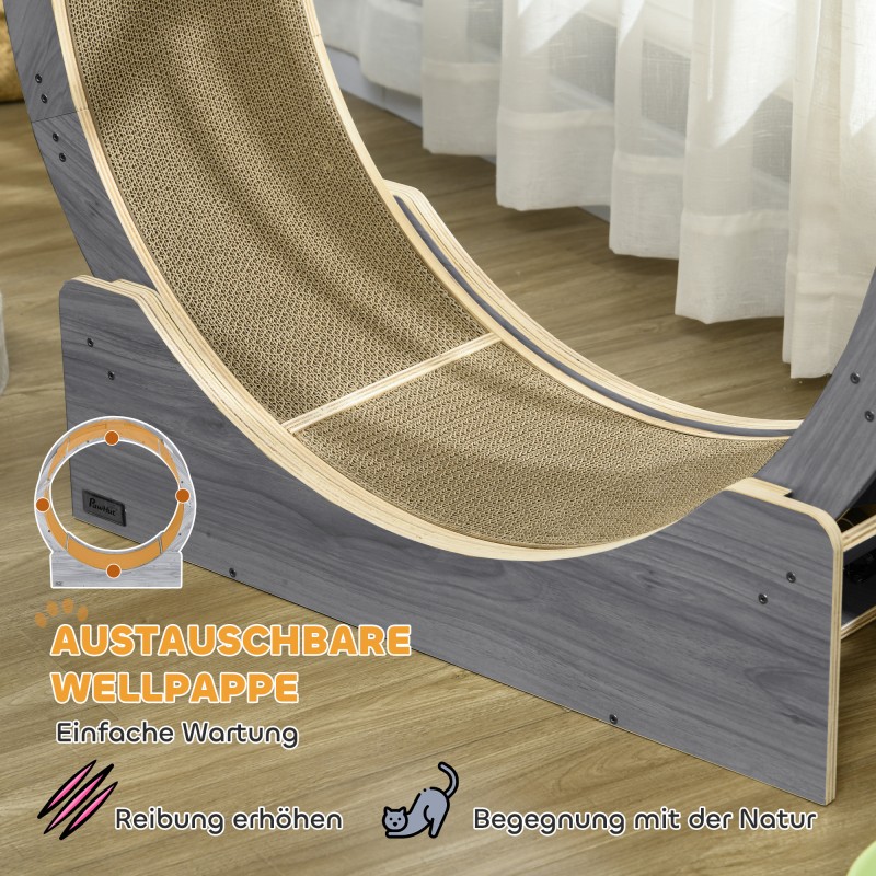 Kissan juoksupyörä sisäkissoille, Ø91 cm, jarrulla ja raapimismatolla, harmaa saksanpähkinä