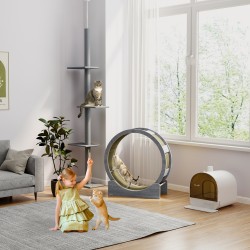 Kissan juoksupyörä sisäkissoille, Ø91 cm, jarrulla ja raapimismatolla, harmaa saksanpähkinä