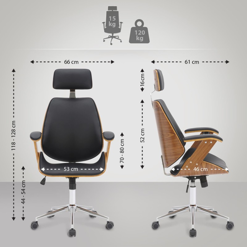 Ergonominen Chicago-toimistotuoli keinonahkaa ja pähkinäpuuviilua