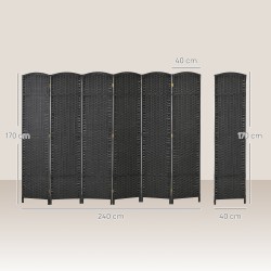 Tilanjakaja 6-osainen, polypropeeni ja mäntypuu, 240 x 170 cm, musta taitettava sermiseinä