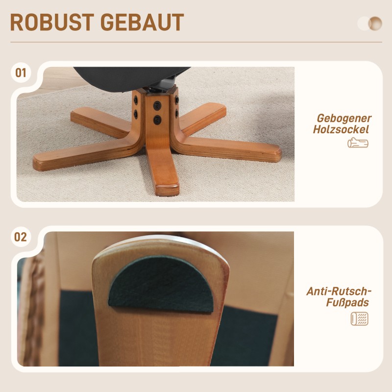 Nojatuoli ja jalkarahi, keinonahkaa, säädettävä selkänoja, keinuntatoiminto, 71 x 84 x 102 cm, musta