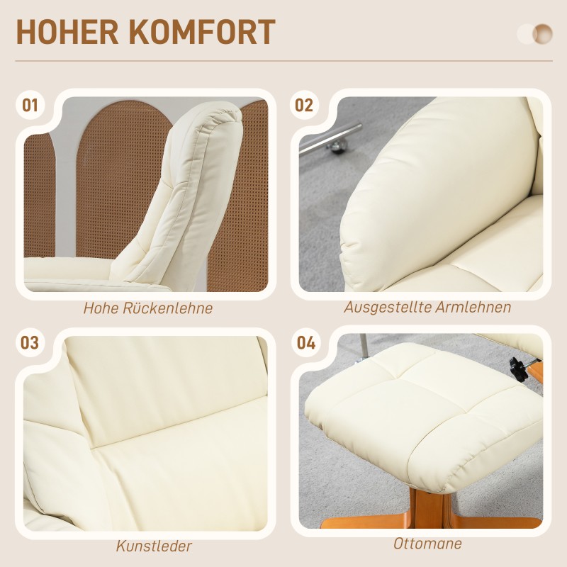 Lepotuoli ja jalkarahi keinonahkaa, keinunta ja kallistustoiminto, 71 x 84 x 102 cm, kermanvalkoinen