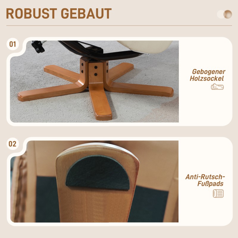 Lepotuoli ja jalkarahi keinonahkaa, keinunta ja kallistustoiminto, 71 x 84 x 102 cm, kermanvalkoinen