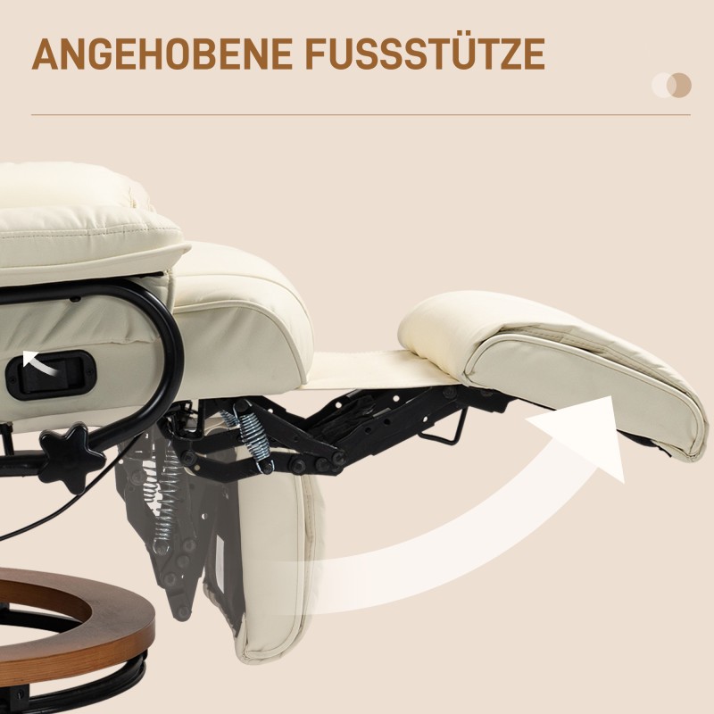 Lepotuoli ja recliner, keinonahka, kallistuva ja kääntyvä, teräsrunko, 150 kg, cremevalkoinen
