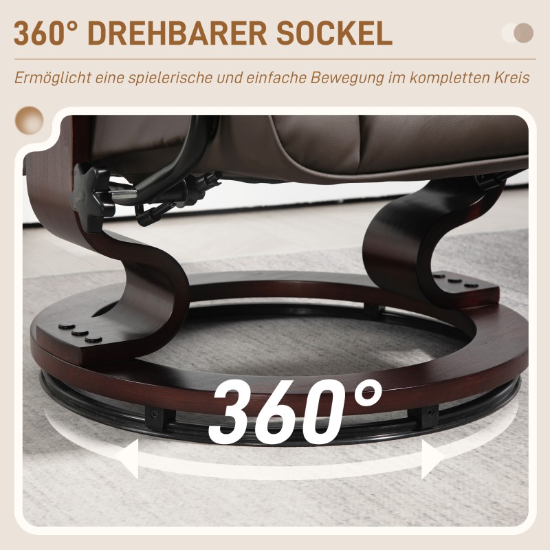 Nojatuoli ja jalkarahi, keinonahkaa, kallistuva ja pyörivä, puurunko, ruskea