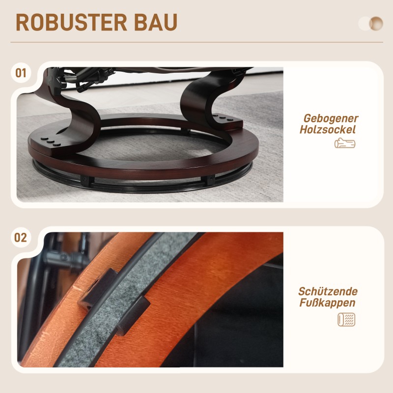 Nojatuoli ja jalkarahi, keinonahkaa, kallistuva ja pyörivä, puurunko, ruskea