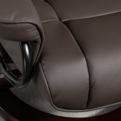 Nojatuoli ja jalkarahi, keinonahkaa, kallistuva ja pyörivä, puurunko, ruskea