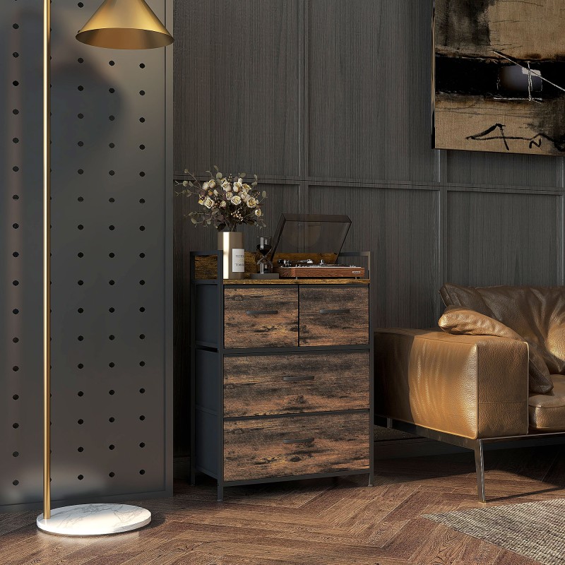 Lipasto 4 kangaslaatikolla, teräsrunko ja MDF-kansi, industrial-tyyli, 60x29x85 cm, ruskea/musta