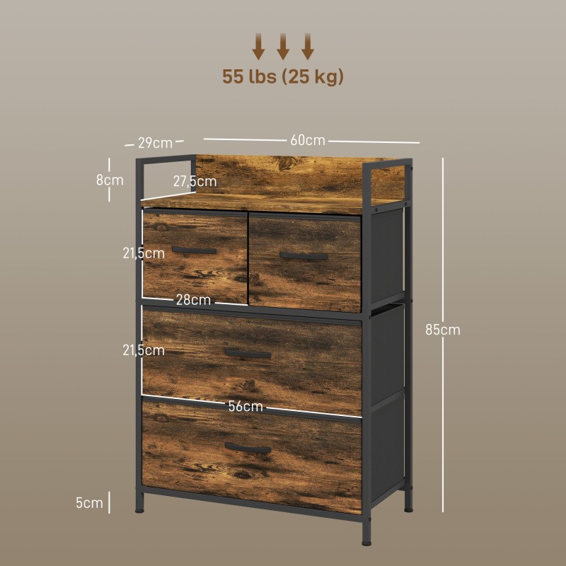 Lipasto 4 kangaslaatikolla, teräsrunko ja MDF-kansi, industrial-tyyli, 60x29x85 cm, ruskea/musta