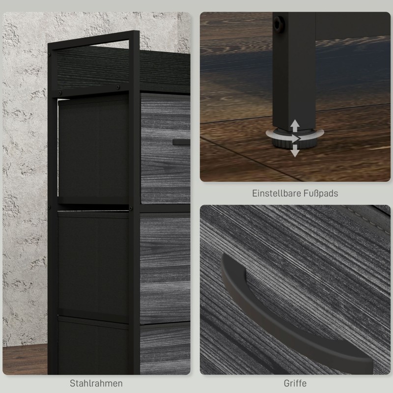 Säilytyskaluste 4 kangaslaatikolla, teräsrunko ja MDF-taso, 60 x 29 x 85 cm, musta, industrial design