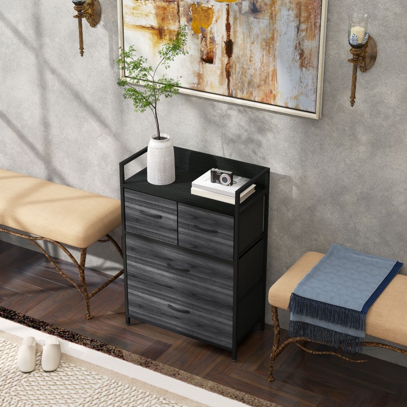 Säilytyskaluste 4 kangaslaatikolla, teräsrunko ja MDF-taso, 60 x 29 x 85 cm, musta, industrial design