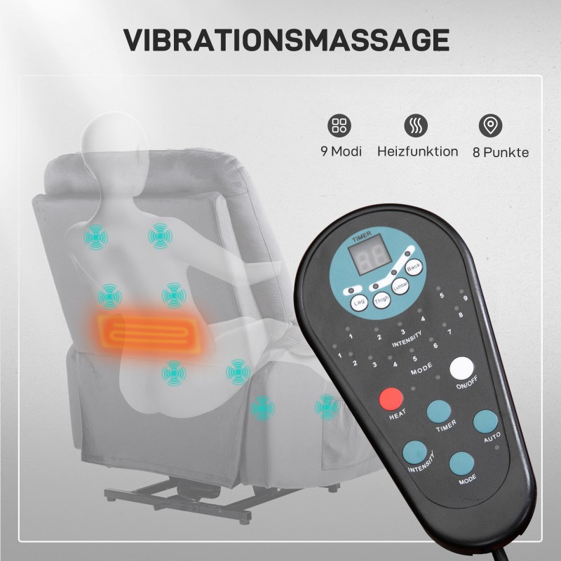 Sähköinen lepotuoli ylösnousuavulla, lämpö- ja hierontatoiminto, kaukosäädin, tummanharmaa
