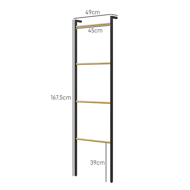 Pyyheteline kylpyhuoneeseen, vapaasti seisova, teräs ja bambu, 4 tankoa, 49 x 5,5 x 167,5 cm, musta/luonnonpuu