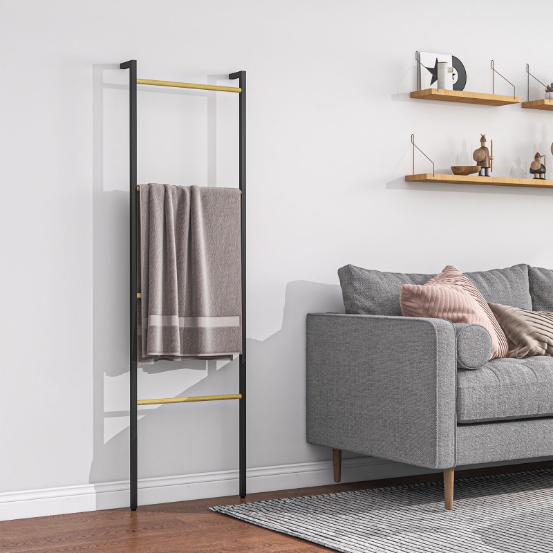 Pyyheteline kylpyhuoneeseen, vapaasti seisova, teräs ja bambu, 4 tankoa, 49 x 5,5 x 167,5 cm, musta/luonnonpuu