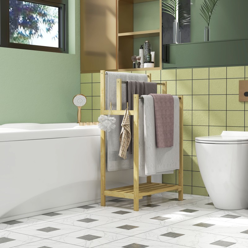 Pyyheteline kylpyhuoneeseen, vapaasti seisova, 3 tankoa, bambu ja ruostumaton teräs, 50,5x31x90 cm