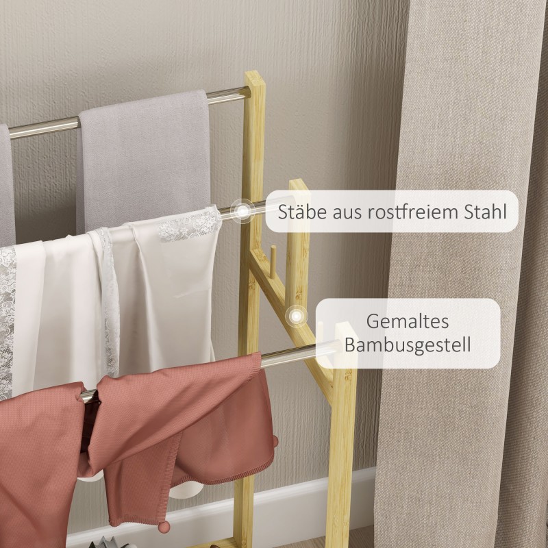 Pyyheteline kylpyhuoneeseen, vapaasti seisova, 3 tankoa, bambu ja ruostumaton teräs, 50,5x31x90 cm