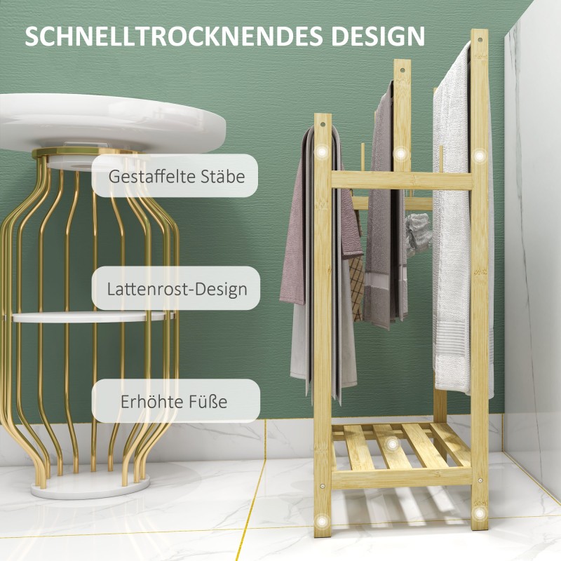 Pyyheteline kylpyhuoneeseen, vapaasti seisova, 3 tankoa, bambu ja ruostumaton teräs, 50,5x31x90 cm