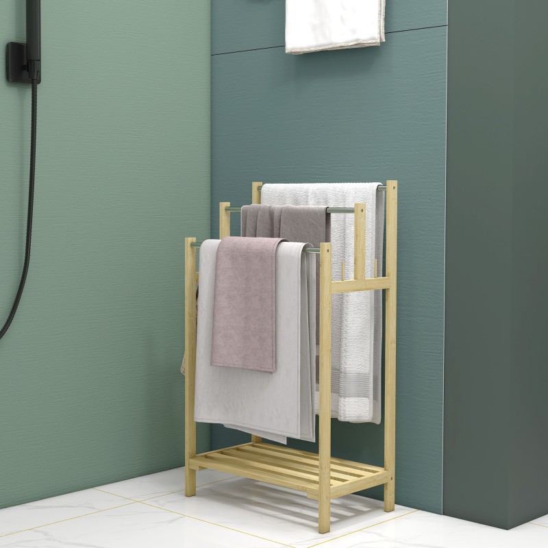 Pyyheteline kylpyhuoneeseen, vapaasti seisova, 3 tankoa, bambu ja ruostumaton teräs, 50,5x31x90 cm