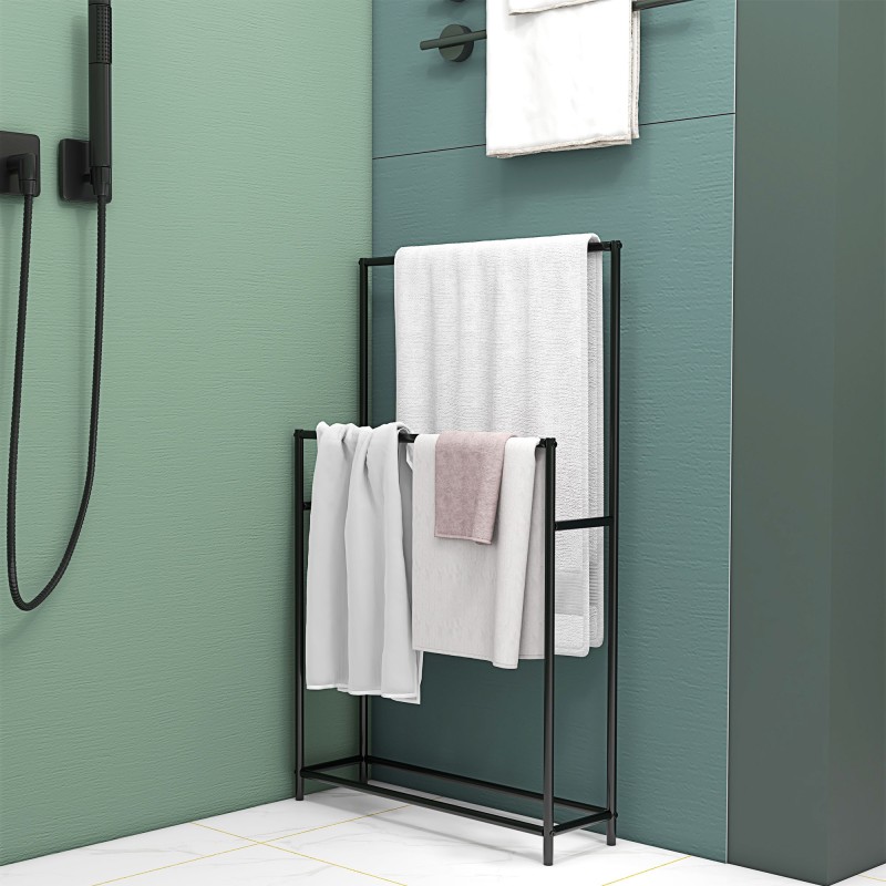 Pyyheteline kylpyhuoneeseen, vapaasti seisova, 2 tankoa, metalli, 66x20x110 cm, musta