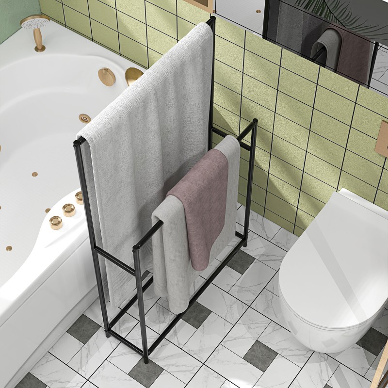 Pyyheteline kylpyhuoneeseen, vapaasti seisova, 2 tankoa, metalli, 66x20x110 cm, musta