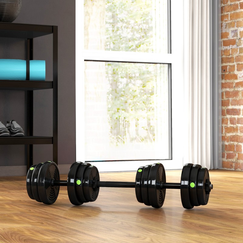 2-in-1 käsipainosarja ja levytanko, säädettävä 25 kg, teräs/muovi, musta/vihreä